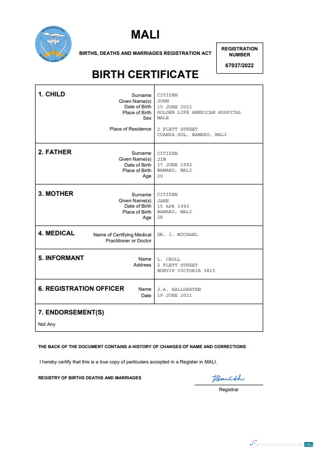 Download Mali vital record birth certificate Word and PDF template Photoshop template